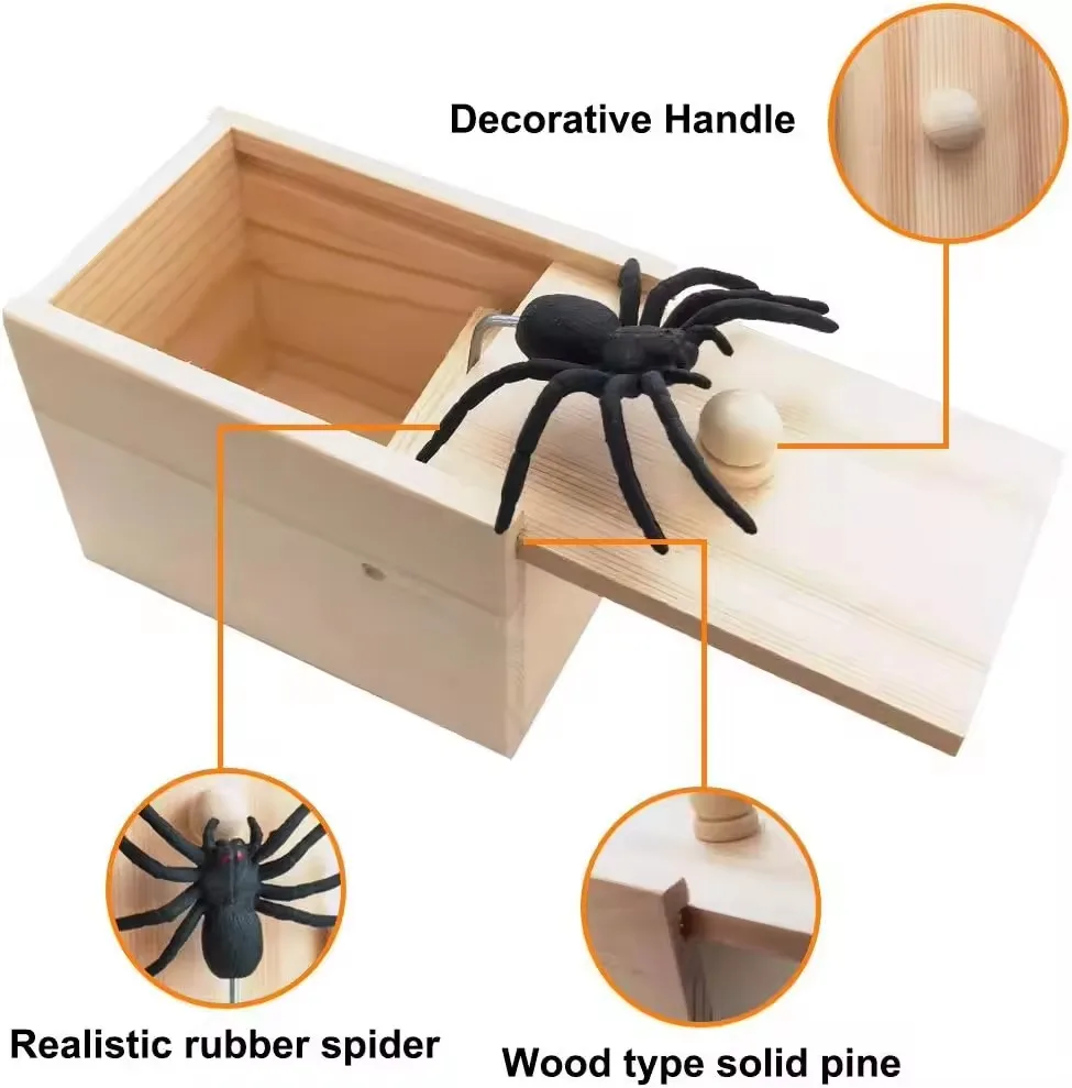 Caja de broma de araña de madera, juguete divertido, caja de susto de araña sorpresa, broma de broma, juguetes para trucos para chico adulto, accesorios de fiesta, regalos de broma