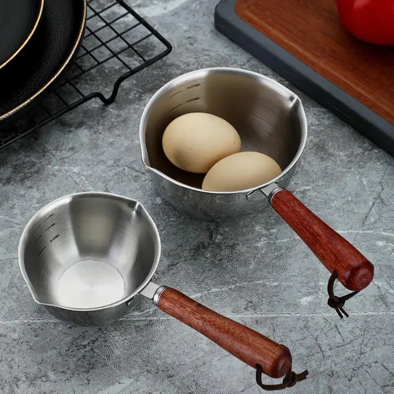 Heat Resistant Wood Handle Stainless Steel Measuring Sauce Pot Visible Scale Mark For Kitchen Cooking Baking Sauce Preparing Ac