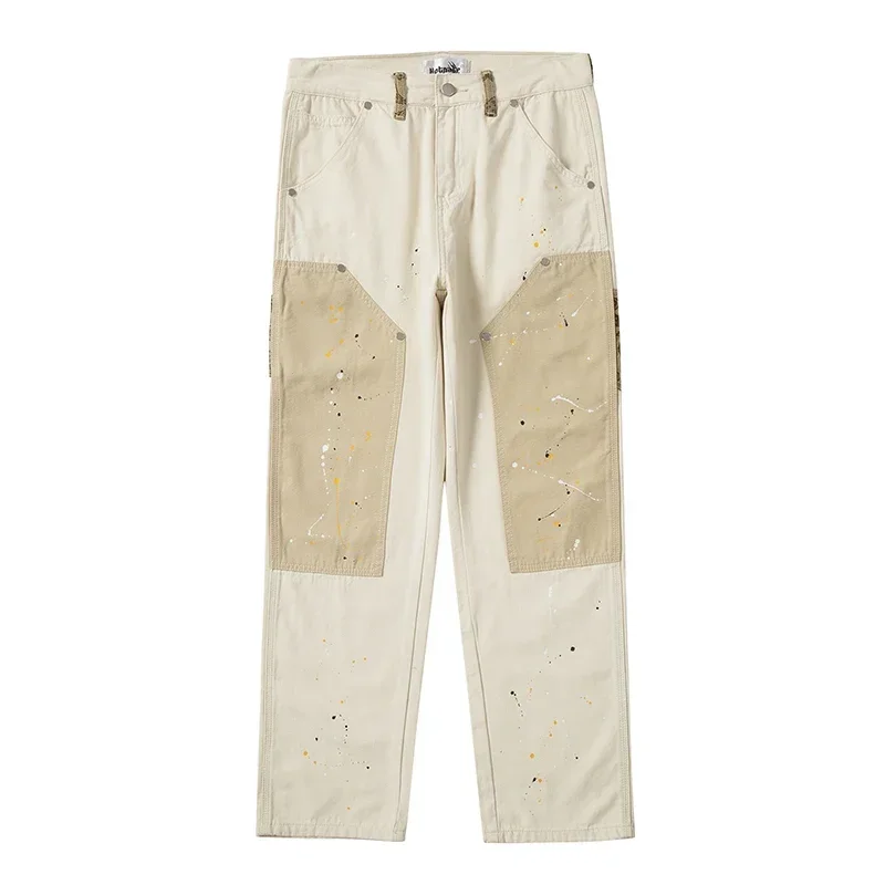 Hip Hop Khaki Cashew Flower Straight Leg Pants Overalls Ink Splashing Stitching Straight Canvas Trousers Retro Cargo Pants Men