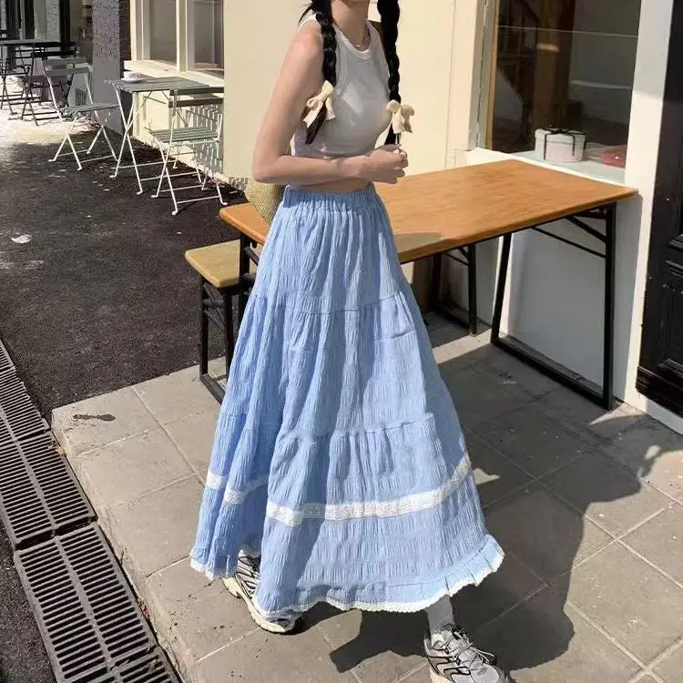 

Long Skirts for Women Faldas Largas Midi Pleated Skirt Lace High Waist Vintage Harajuku Jupe Ruffles Ropa Streetwear Y2k