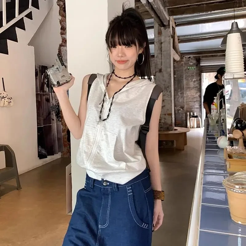 Damskie bluzy z kapturem w stylu casual, estetyka Y2K, letnia bluza bez rękawów na zamek błyskawiczny, vintage Harajuku, luźna kurtka z kieszeniami.