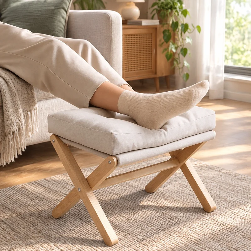 Compact Wooden Footrest Stool with Plush Cotton Padding for Living Room and Hallway Use
