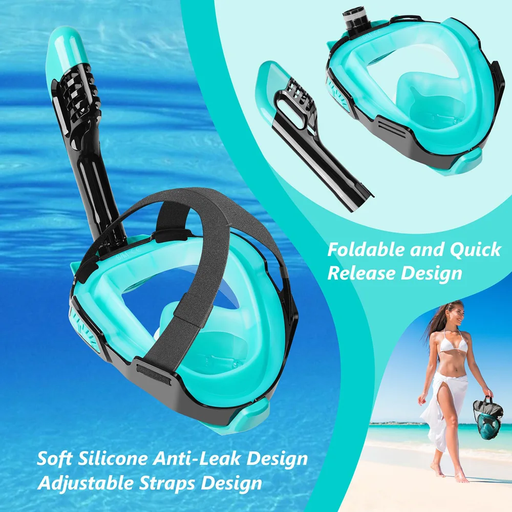 Full Face Snorkel Mask with Latest Dry Top Breathing System Detachable Camera Mount for Adults Panoramic View Anti-Leak Anti-Fog