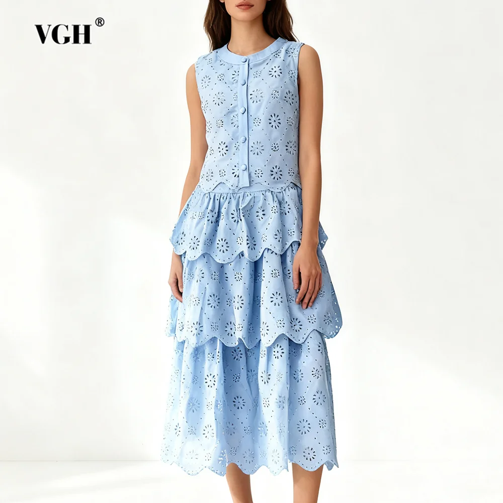 

VGH Sweet Утягивающие комплекты из двух предметов для женщин с круглым вырезом, топ без рукавов, юбка с высокой талией, шикарный однотонный комплект, женская мода