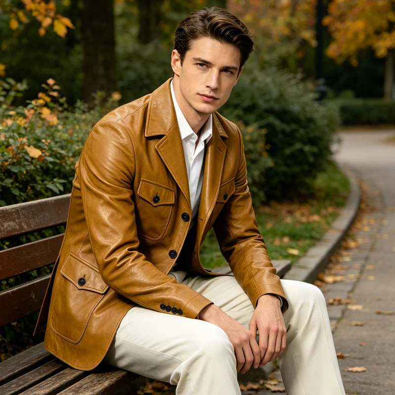 Vintage Men's PU Leather Blazer Notched Lapel 4 Flap Pockets Slim Fit Jacket Business Casual Formal Coat For Office Daily Party
