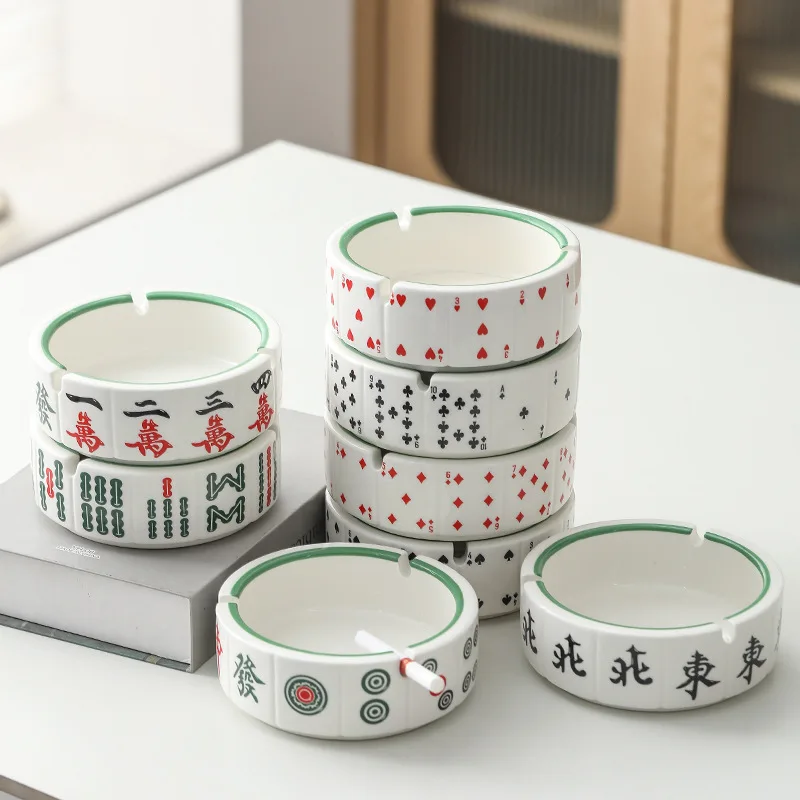 Creative Round Mahjong and Poker Pattern Ceramic Ashtray Home Living Room Office Artistic Game Room Ashtray Home Decoration Gift