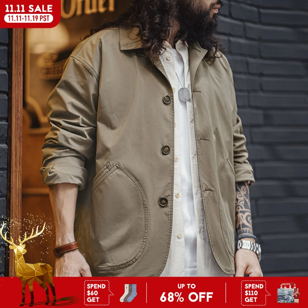 

Maden French Vintage Work Jacket Men's Coffee Notch Lapel Casual Single Breasted Coat Slant Pockets Outwear for Spring and Fall