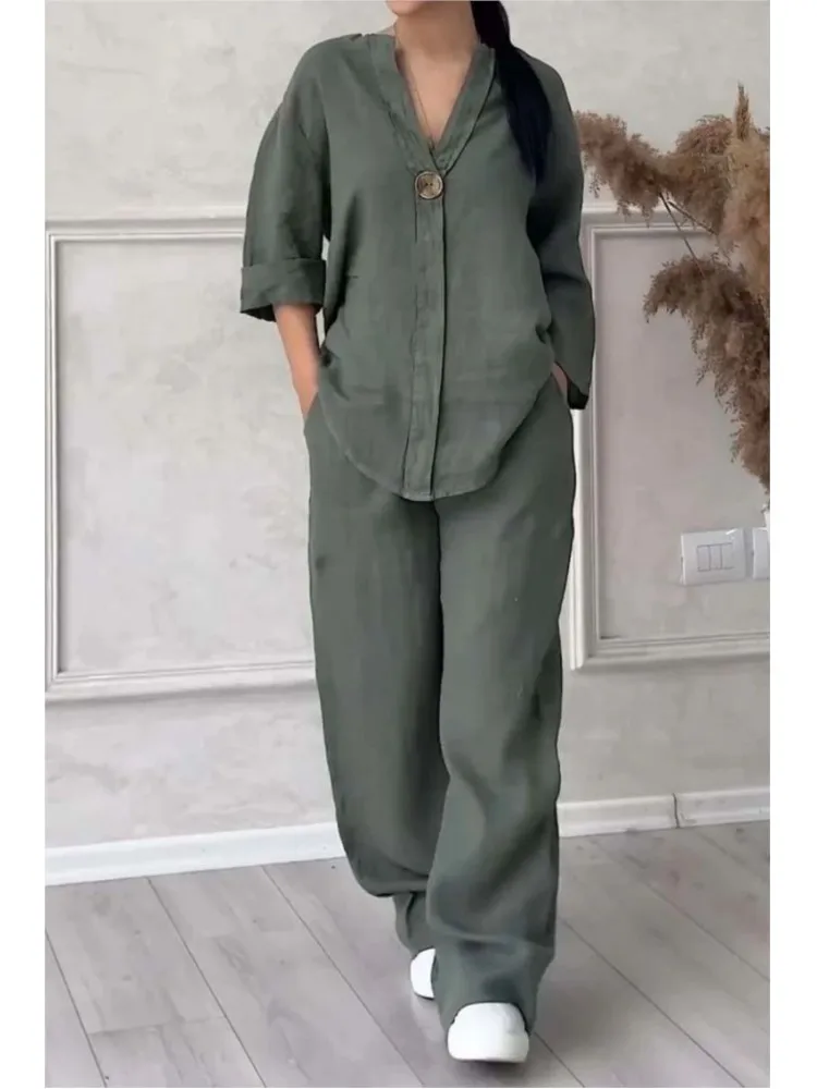 V-neck Long-sleeved Top + Wide-leg Pants Two-piece Loose Set For Women Spring Summer Fashion Solid Color Elegant Casual Suit