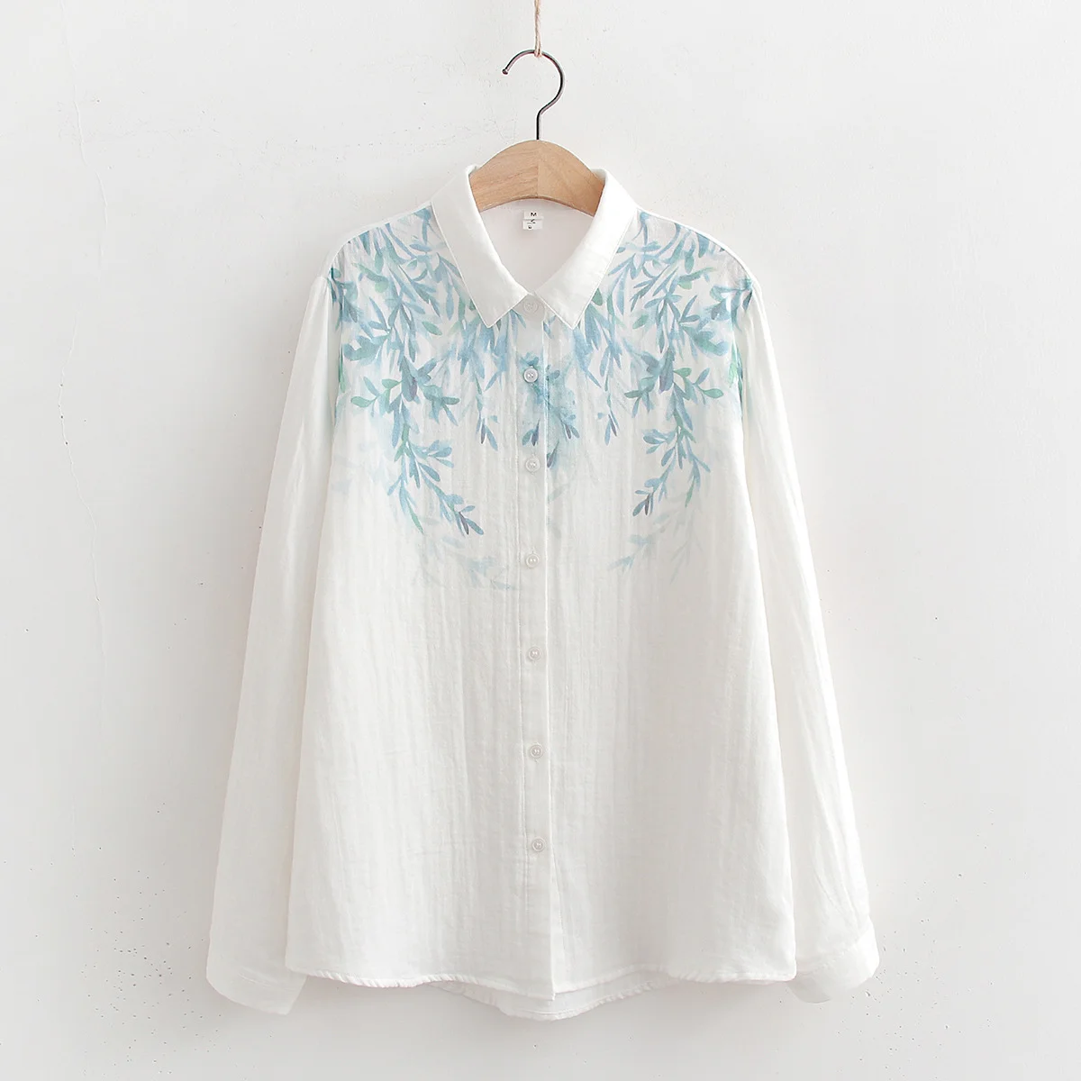 White cotton top women spring tops Korean fashion long sleeve leaves printed blouse for girls elegant women's white blouses