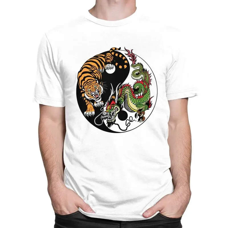 Custom Male Dragon And Tiger Yin Yang Symbol T Shirts Short Sleeve Cotton T-shirt Leisure Tees Slim Fit Clothes