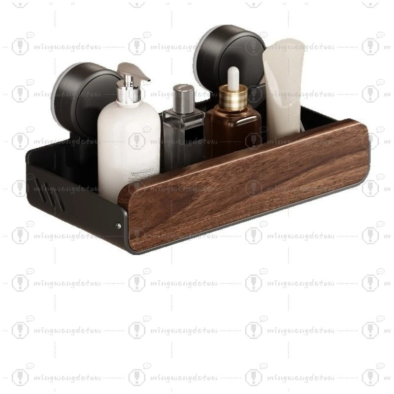 Walnut Wood Wall Mounted Bathroom Organizer, Punch-Free Suction Cup Storage Shelf for Toilet Vanity Sink Area