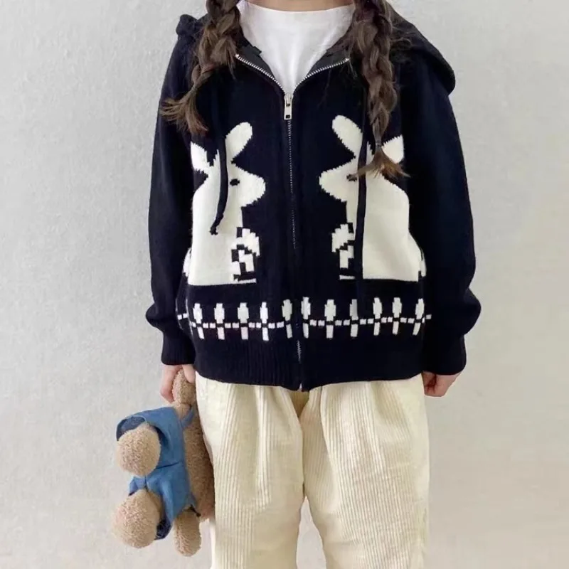 Girls' Spring Autumn Fashion Long Sleeved Hooded Knitted Cardigan Casual Versatile Trend Lively Kids Children's Clothing Tops