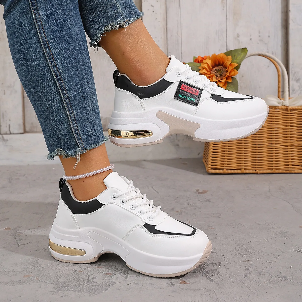 Women's Breathable Leather Surface Running Shoes Waterproof Sporty Heightening Trend Casual Durable Large Size Versatile