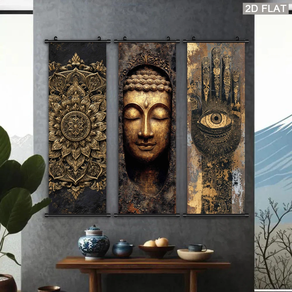 VIKAMA Gilded Buddha Mandala Dharma Eye Scroll Tapestry Zen Inspired Wall Hanging for Bedroom Home Decor Aesthetic Wall Art Soft