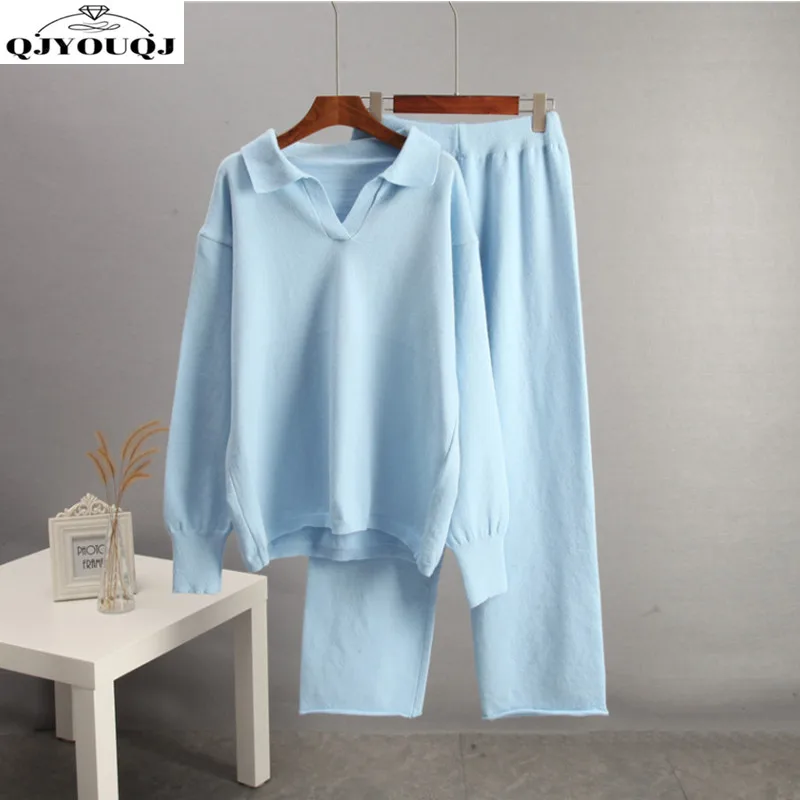 

European and American autumn and winter fashion collar knitted sweater+slim fit wide leg pants two-piece set