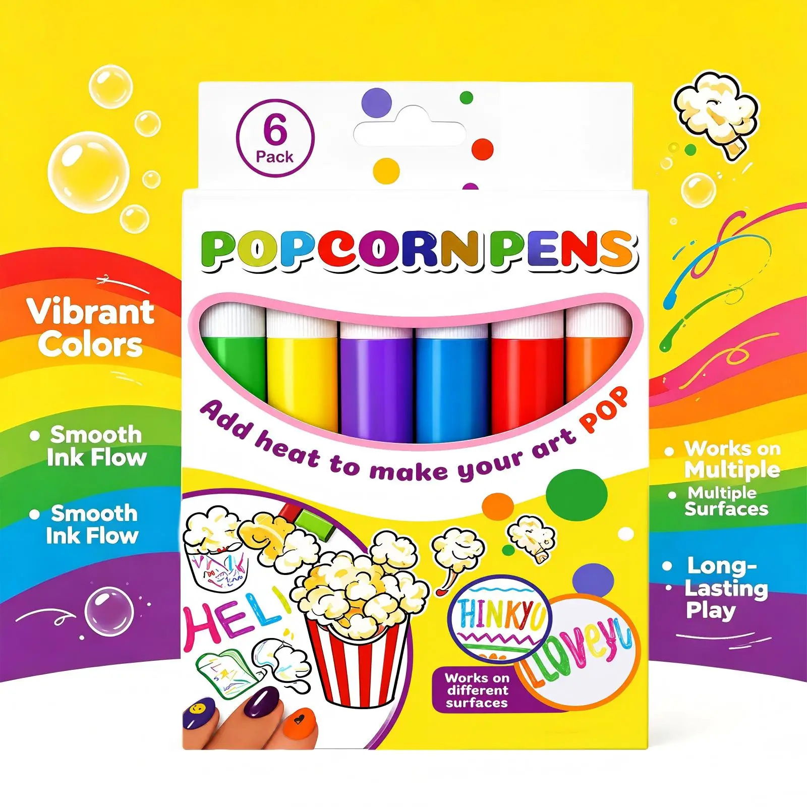 6PCS Popcorn Pens for DIY Crafts Multi Surface Bubble Pen 3D Art Pen Drawing Marker Creative Handcraft Graffiti Tool Toy Gift