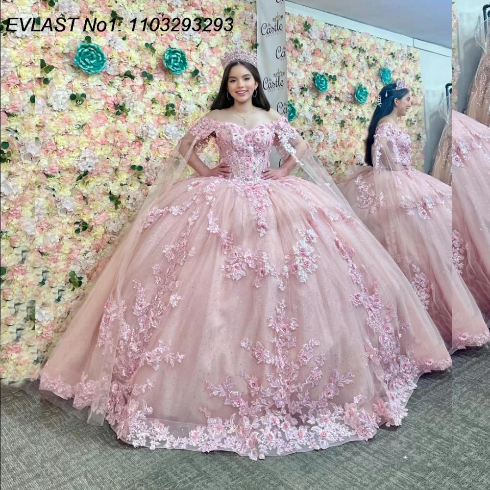 

EVLAST Customized Glitter Pink Quinceanera Dress Ball Gown Lace Applique Beading Cape Corset Sweet 16 Vestido De 15 Anos E1Q378