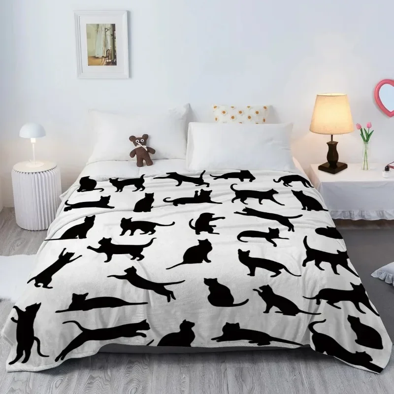 Cute Cat Fleece Throw Blanket Black Cat in Different Forms Blankets Cozy Blanket for Couch Sofa Bed Living Room Home Bedding