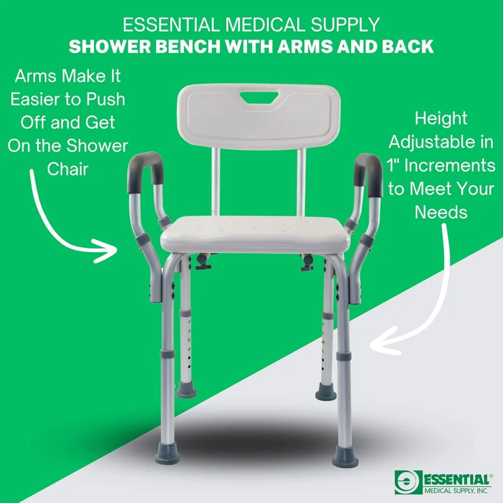 Height Adjustable Shower and Bath Bench with Padded Arms, Contoured Back and Textured Shower Chair Seat- for The Bath and Shower