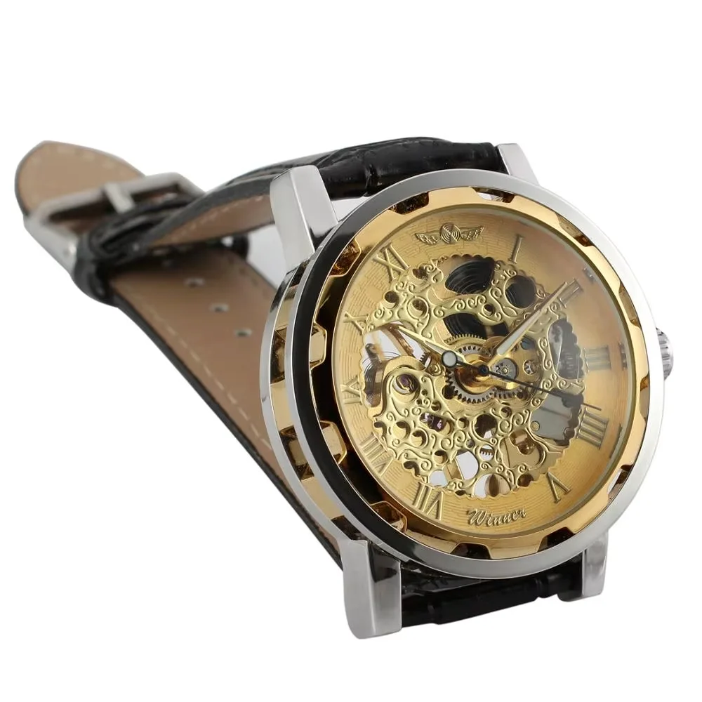WINNER Fashion trend men's and women's watch  gold hollow dial leather strap automatic mechanical wrist watch