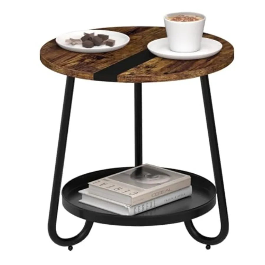 

2 Tier Coffee Table in Living Room, Industrial Style Round Coffee Table with Metal Tray, Wood Small Outdoor Coffee Table for Be