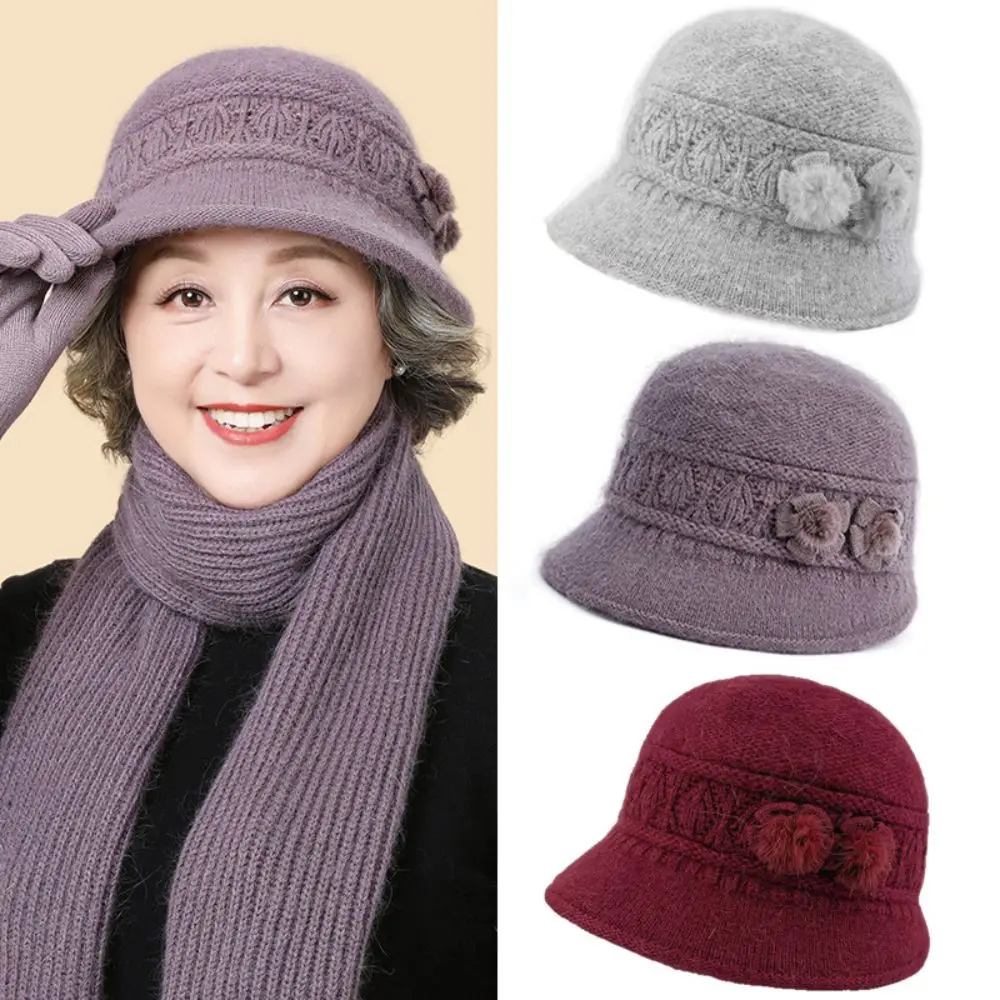 Faux Rabbit Fur Knitted Bucket Hat Thickened Warm Wide Brim Woolen Cap Fleece Lined Wind Resistant Mom Hat Cold Weather