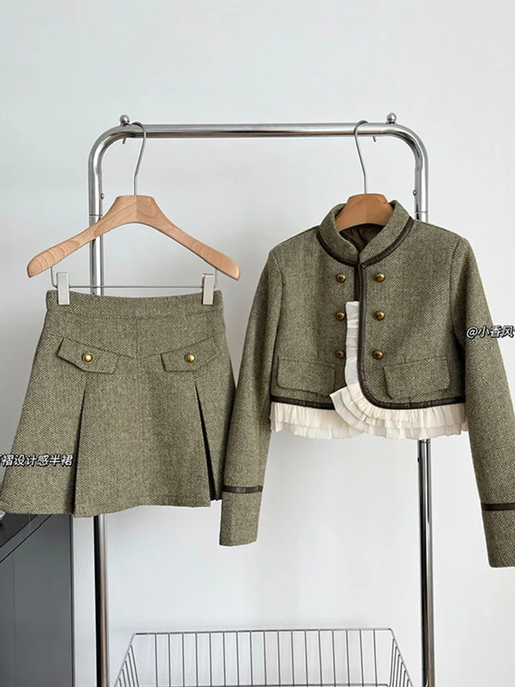 High Quality Outfits 2 Piece Skirt Set Stand Collar Green Luxury Cardigan 2000s Aesthetic+A-Line Skirt Party Prom Autumn Winter