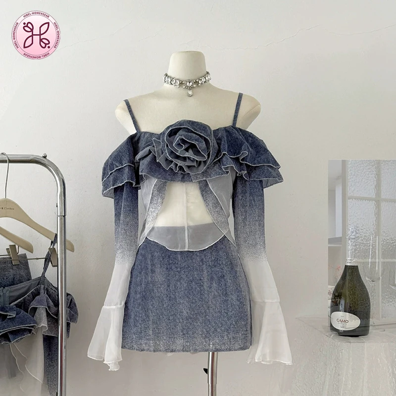 

Design Set for Women Square Collar Off The Shoulder Sleeve Folds Gradient Camisole Top High Waist Mini Skirt Chic Set Female