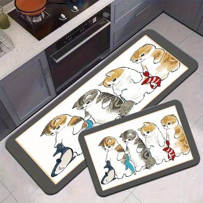 Newest Doormat Cute Cartoon Cats Holding Fish Print Washable Non Slip Flannel Kitchen Rug Set Pet Doormat for Living  Bedroom