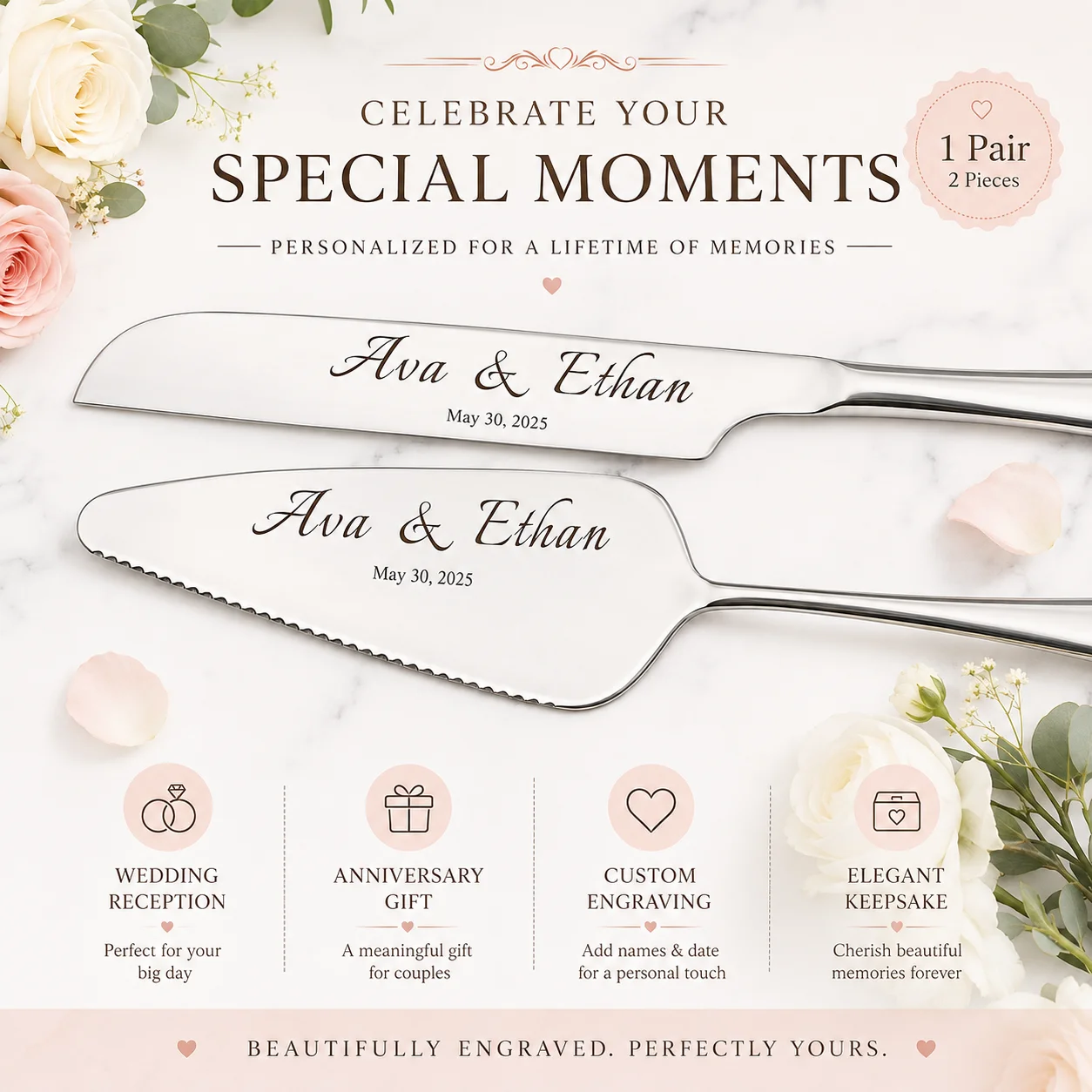 1 Pair of Custom-Made Unique Stainless Steel Cake Cutlery Sets, with Personalized Names and Dates, Suitable for Weddings, Birthdays, Anniversaries, Graduation Ceremonies, Bachelor Parties, Wedding Gifts, Thanksgiving, Father's Day, Mother's Day, and Christmas