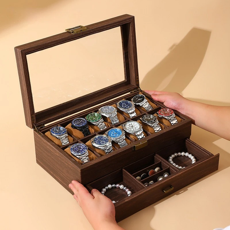 

Мягкая подушка из кожи под дерево в стиле ретро, коробка для демонстрации часов, встроенная коробка для хранения ювелирных изделий, двухслойная коллекция часов, подарок
