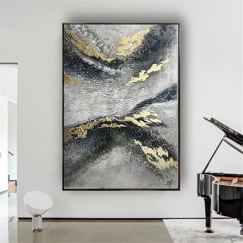 

Nordic Black Design Gold Foil Image Abstract Oil Painting 100% Hand-Painted Canvas Poster Wall Art Picture For Home Decor Photo