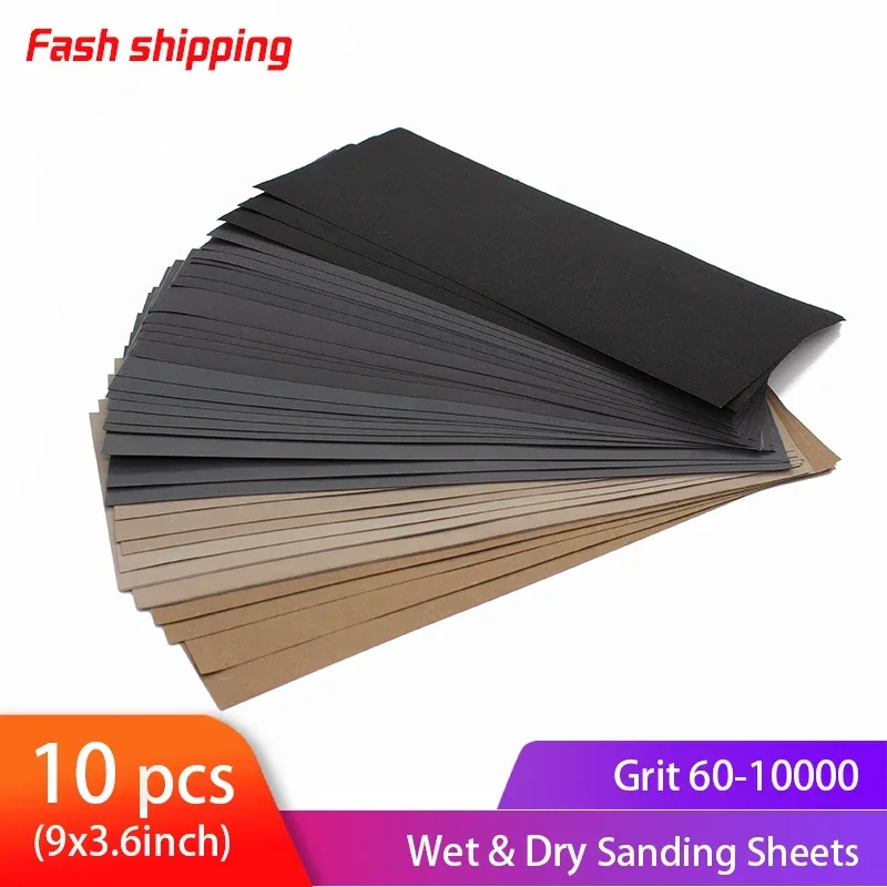 10 Piezas de Papel de Lija Húmedo/Seco de 9x3.6 Pulgadas, Hojas de Lija Impermeables para Lijar Madera, Automóviles, Metal, Plástico y Pulir