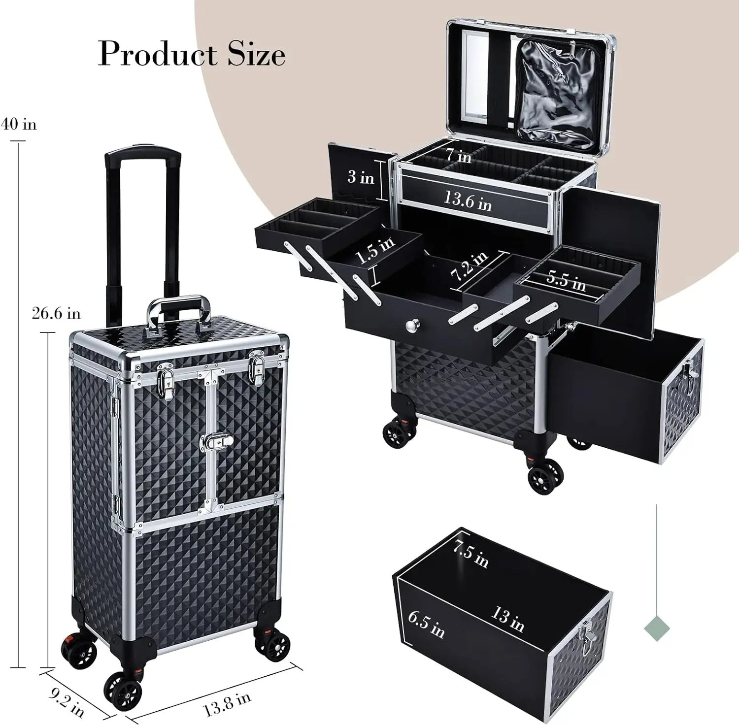 Professional Makeup Artist Rolling Train Case Multi-functional Cosmetic Train Case Large Trolley Storage Case (Black)