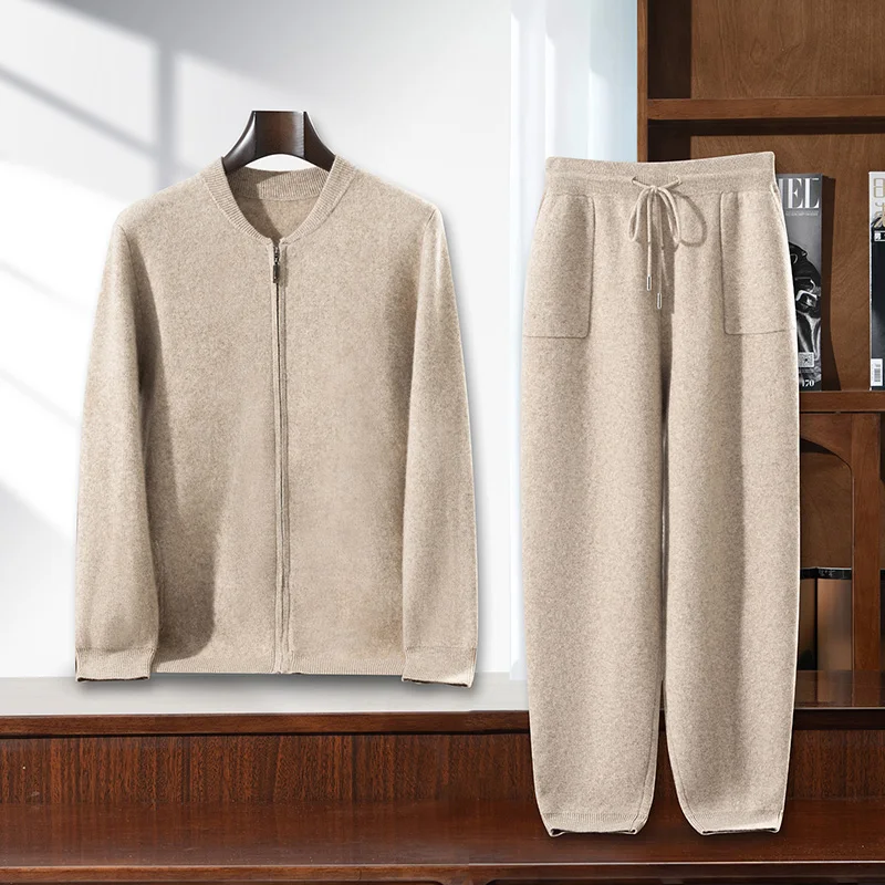 100% Cashmere Cardigan Set Men's Autumn Winter O-neck Zipper Thick Jacket Wide Leg Pants Loose Knitted Two-piece Suit High-end