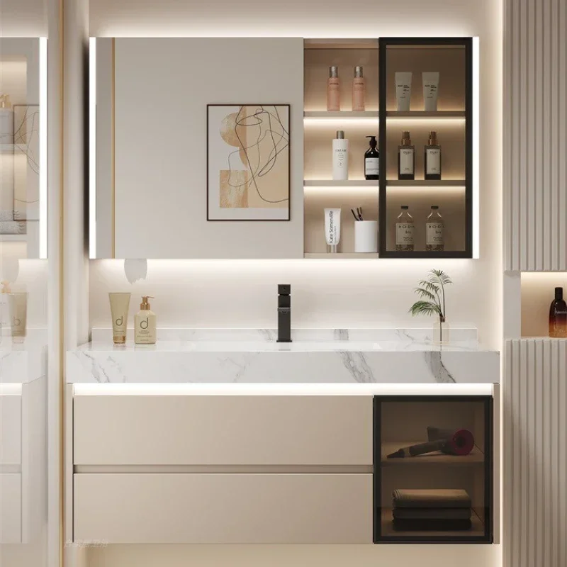 Mueble de Baño Integrado con Panel de Cerámica, Combinación de Lavabo y Gabinete, Lavamanos, Mueble para Baño