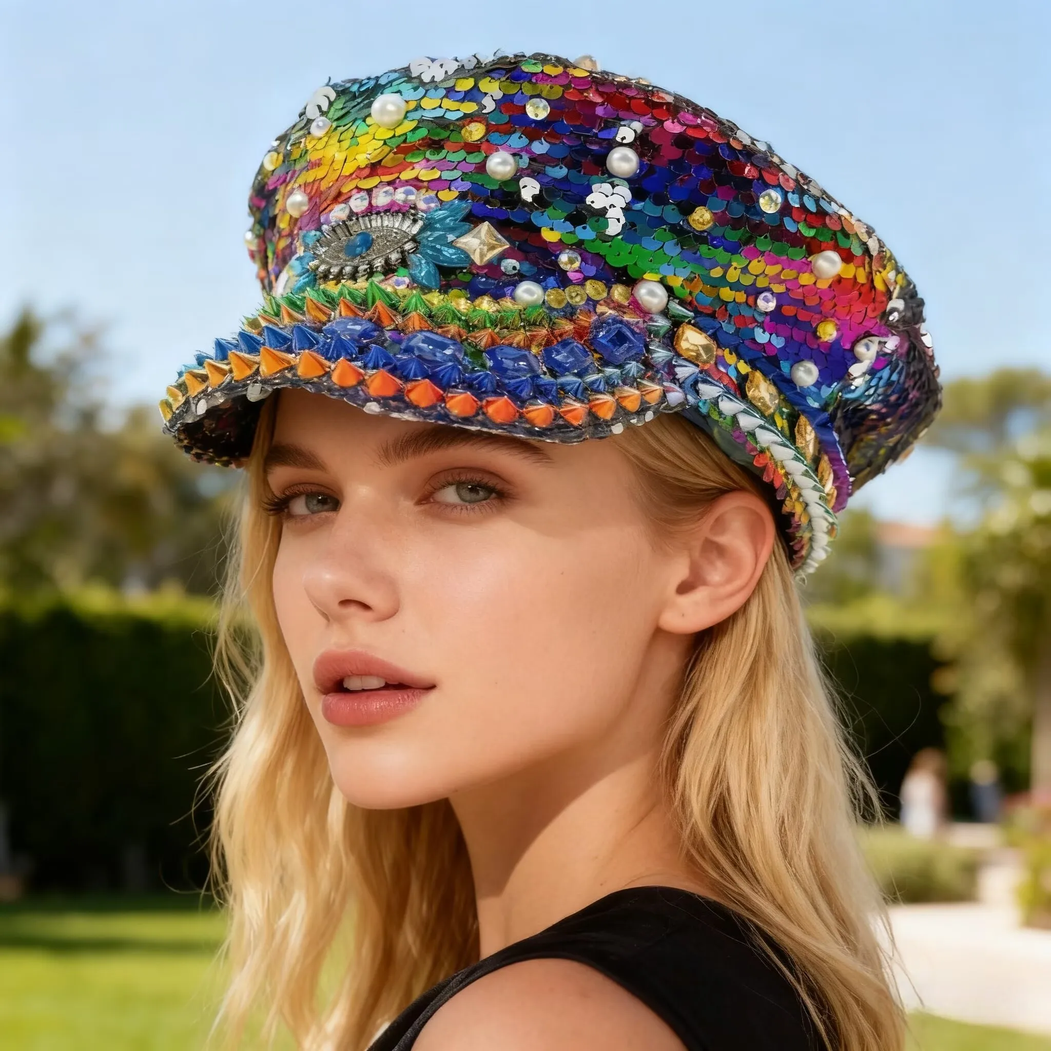 

Carnival Costume Hat Adult, Captain Hats Rhinestone for Burning Man Festival Woman, Cosplay Female Accessories