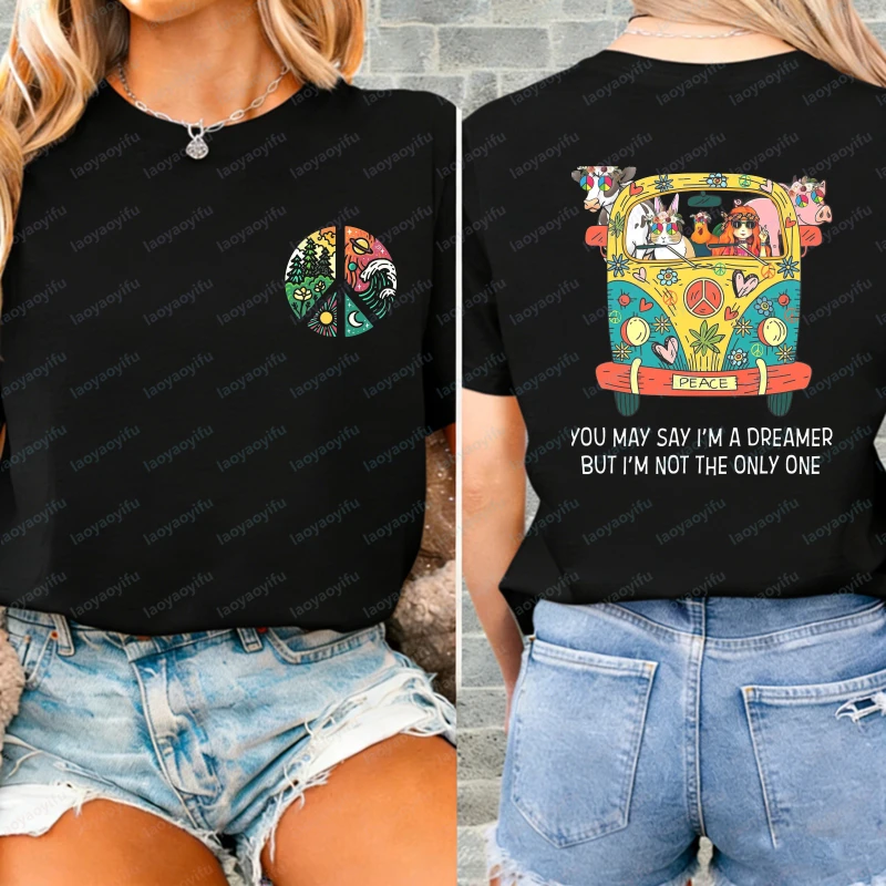 Peace Sign and Hippie Van Print Unisex Cotton T-Shirt Summer Casual Wear Boho Harajuku Trendy Tops for Men Clothes for Women