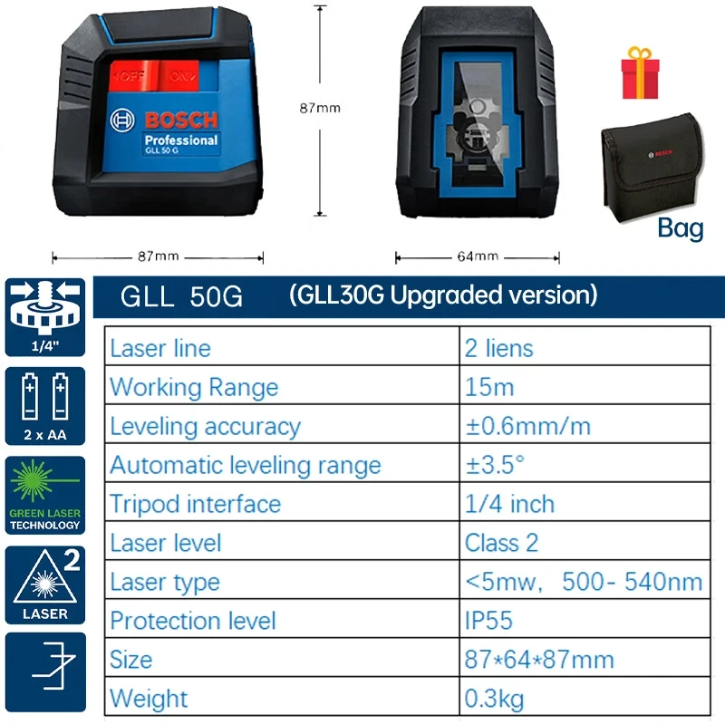 Bosch GLL50G Laser Level 2-Line Professional Grade Green Light Self-Adjusting Level and Vertical Measurement Tool for Decoration