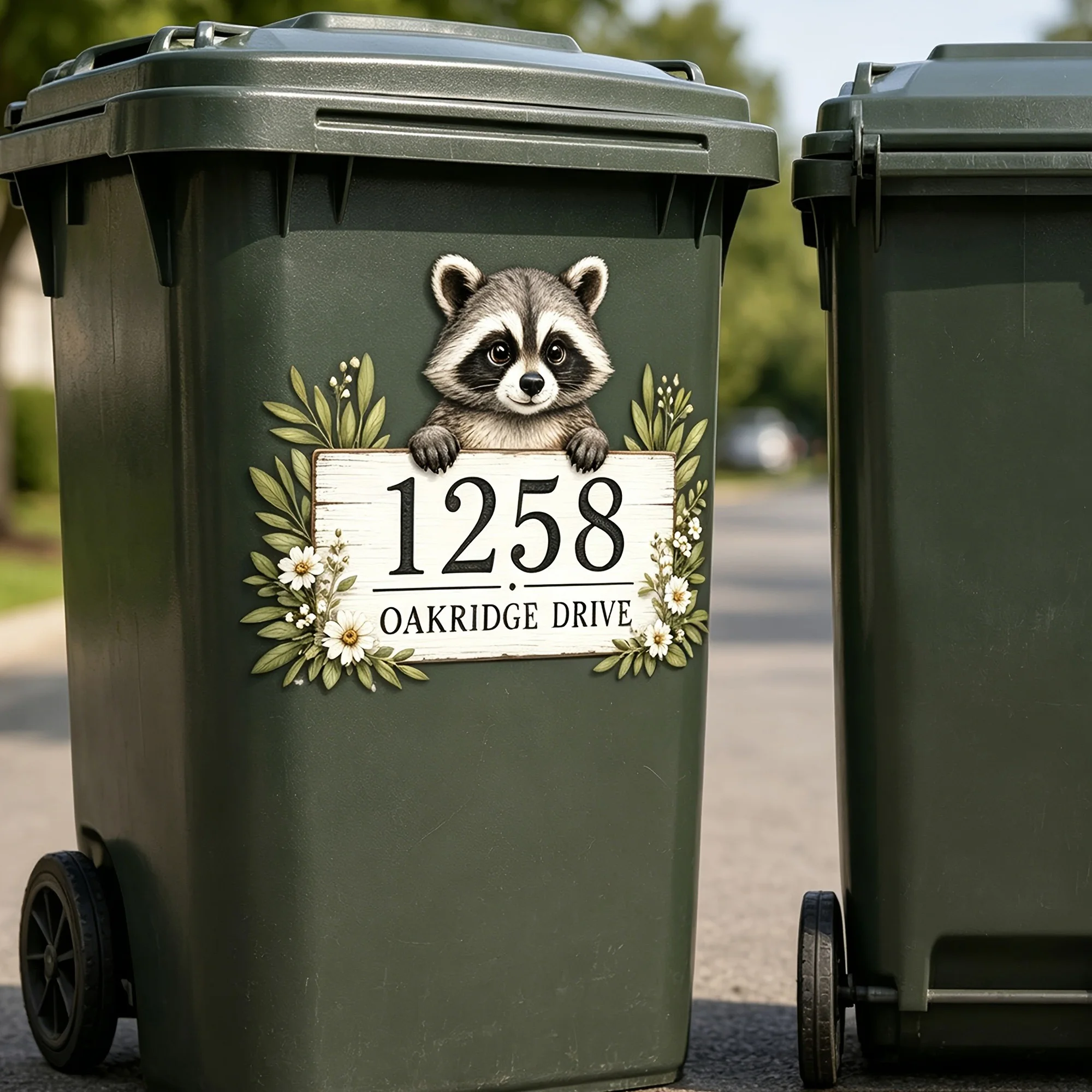 Trash Can Decals Custom Address Raccoon Floral Vinyl Sticker Waterproof Outdoor House Number Label For Wheelie Bin Decor view 5