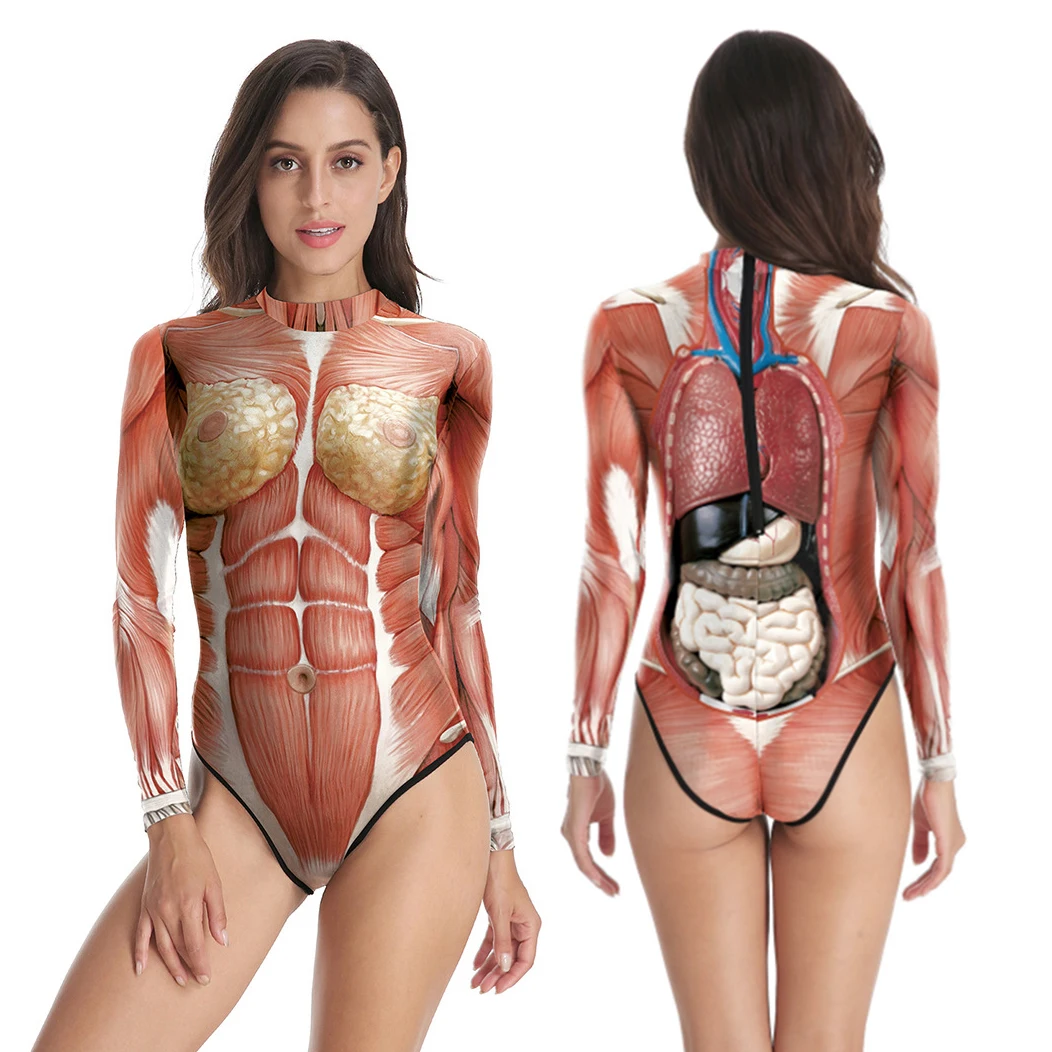 

3D Printed Long Sleeve Skinny Bodysuit Halloween Women Human Internal Organs Print One Piece Swimwear