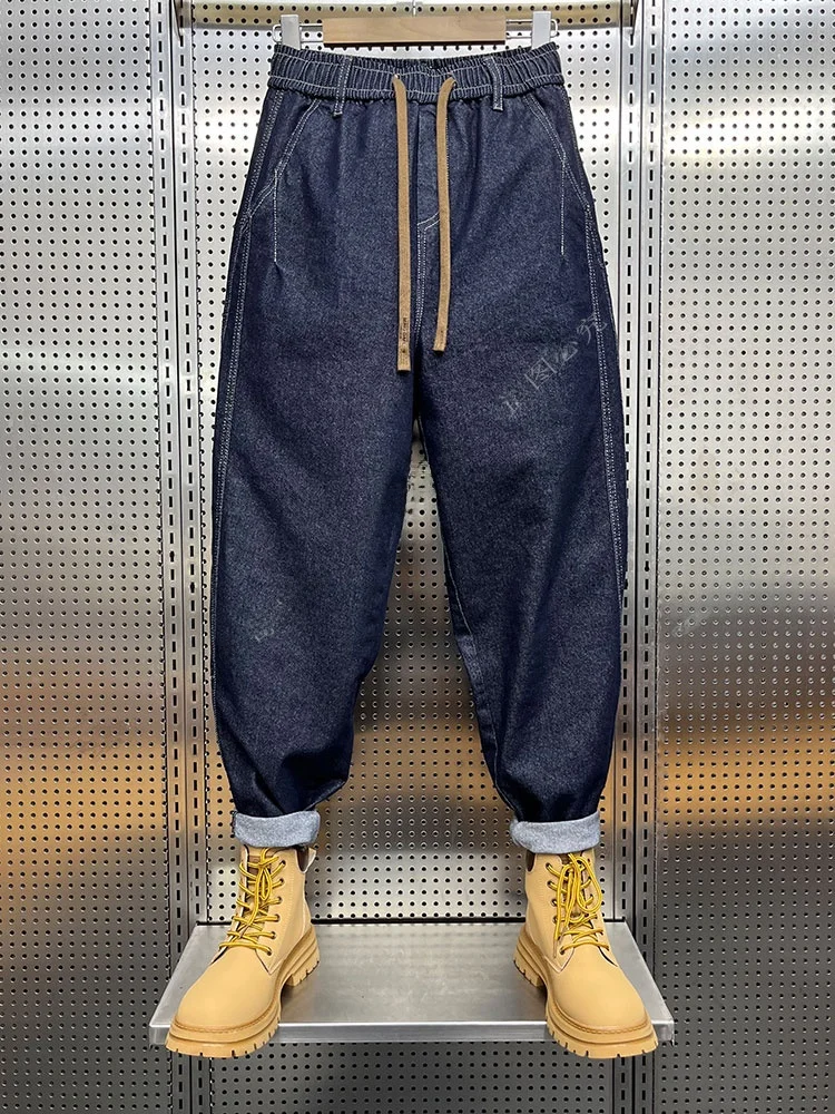 

Синие джинсовые свободные джинсы для папы, мужские осенне-зимние новые повседневные брюки Харлан, маленькие прямые брюки, модные