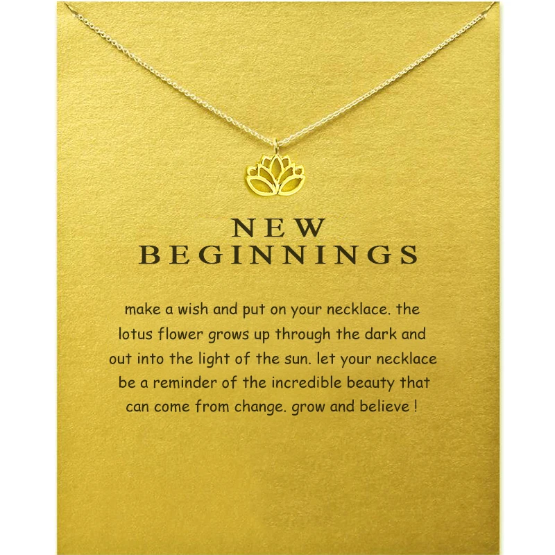 Dainty Symmetrical lotus flower Alloy Charm Pendant Necklaces For Girls Present Gift with Message Card Gold Plated Power Jewelry