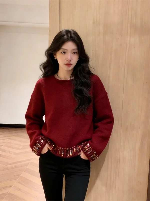 

Faionable Knitted Sweater New Year Red Age-Defng Winter New Arrival Versatile Top Casual Sle Commute Friendly Ladies' F...