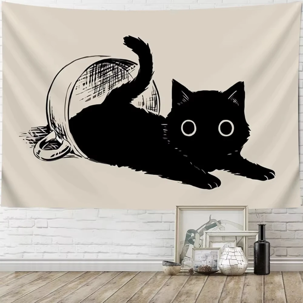 VIKAMA Healing Cat Wall Hanging: Black Cat Peeking Out of Teacup Design Bedroom & Living Room Feature Wall Decor