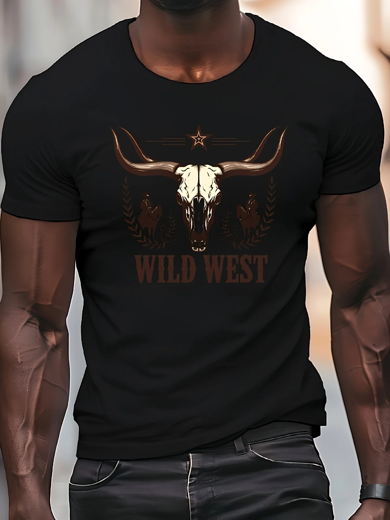 Men's Western Cowboy Bull Skull TShirt Bull Riding Cowboy Hat Print Short Sleeve Crew Neck Lightweight Machine Washable Suitable