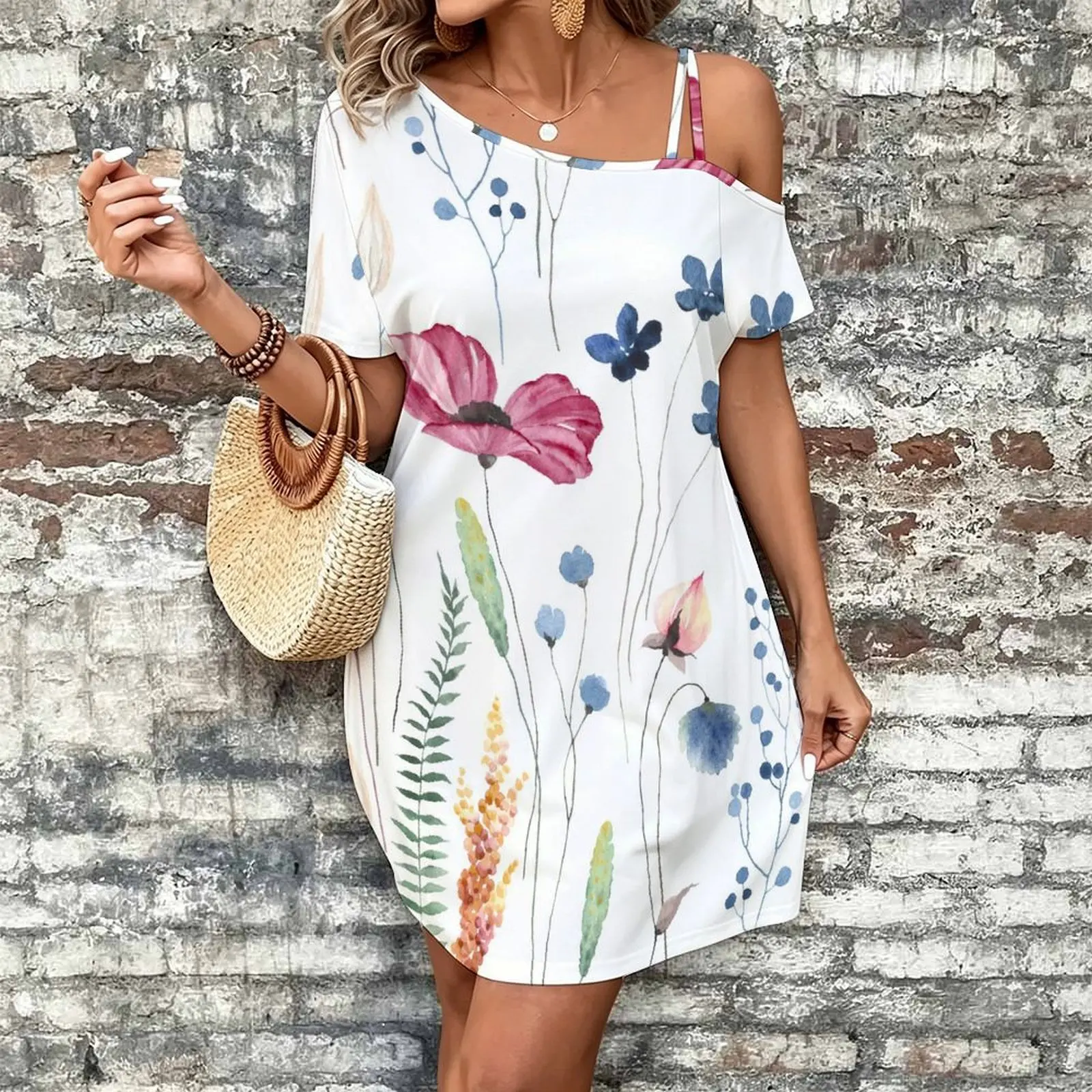 Women Print Cold Shoulder Short Sleeve Mini Dress Irregular Off Shoulder Casual Loose Tunic Dress