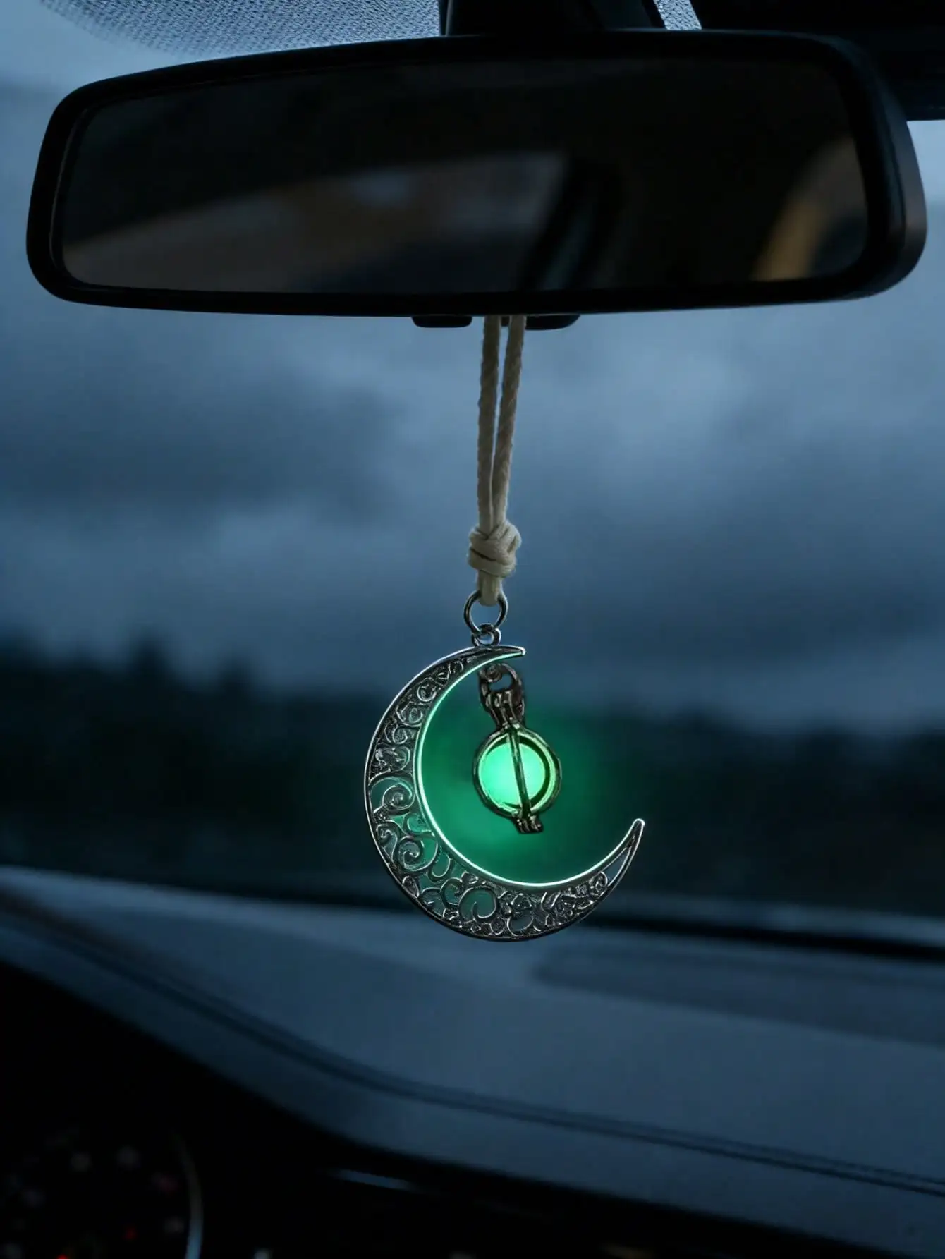 Luminous Moon Pendant Car Hanging Ornament – Hollow Crescent Design, Inlaid with Luminous Stone, Elegant Rearview Mirror Decor image 3