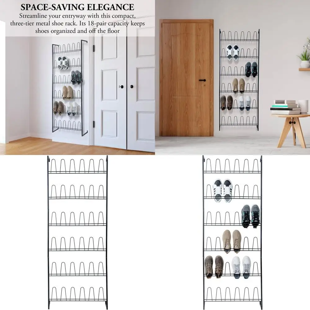 

70 Wall-Mounted Black Metal Shoe Rack with 36 Hooks for 18 Pairs, Ideal for Entryway Storage