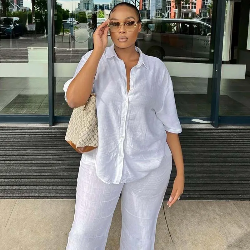 Roupa feminina manga curta gola virada para baixo elegante camisa de emagrecimento simples calças compridas de perna larga conjunto de duas peças para mulher